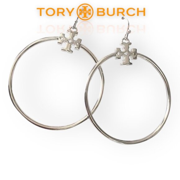 Tory Burch Silver Stacked T Logo Hoop Earrings - Picture 3 of 4